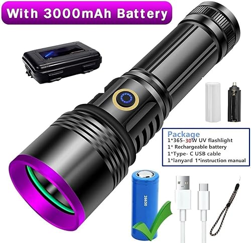 Miniatura 5 de Linterna UV de 30 W 365 nm recargable por USB, luz UV de alta potencia, linterna de luz negra para detección de orina de mascotas, curado de resina,