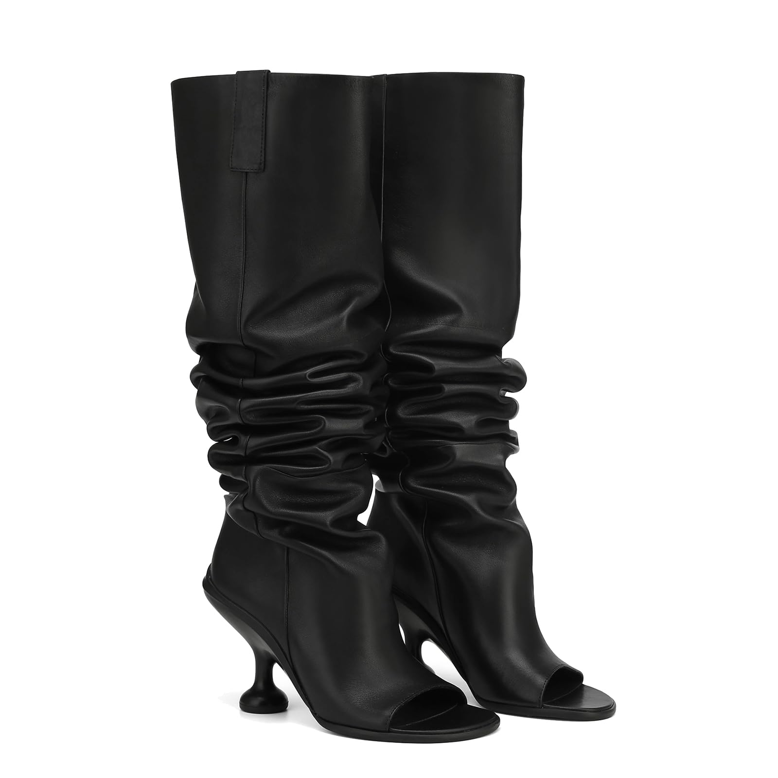 Womens Slouchy Knee High Boots -suede Leather Peep-Toe Booties with 4 5 Block Heel Slip-On Round Toe Dress