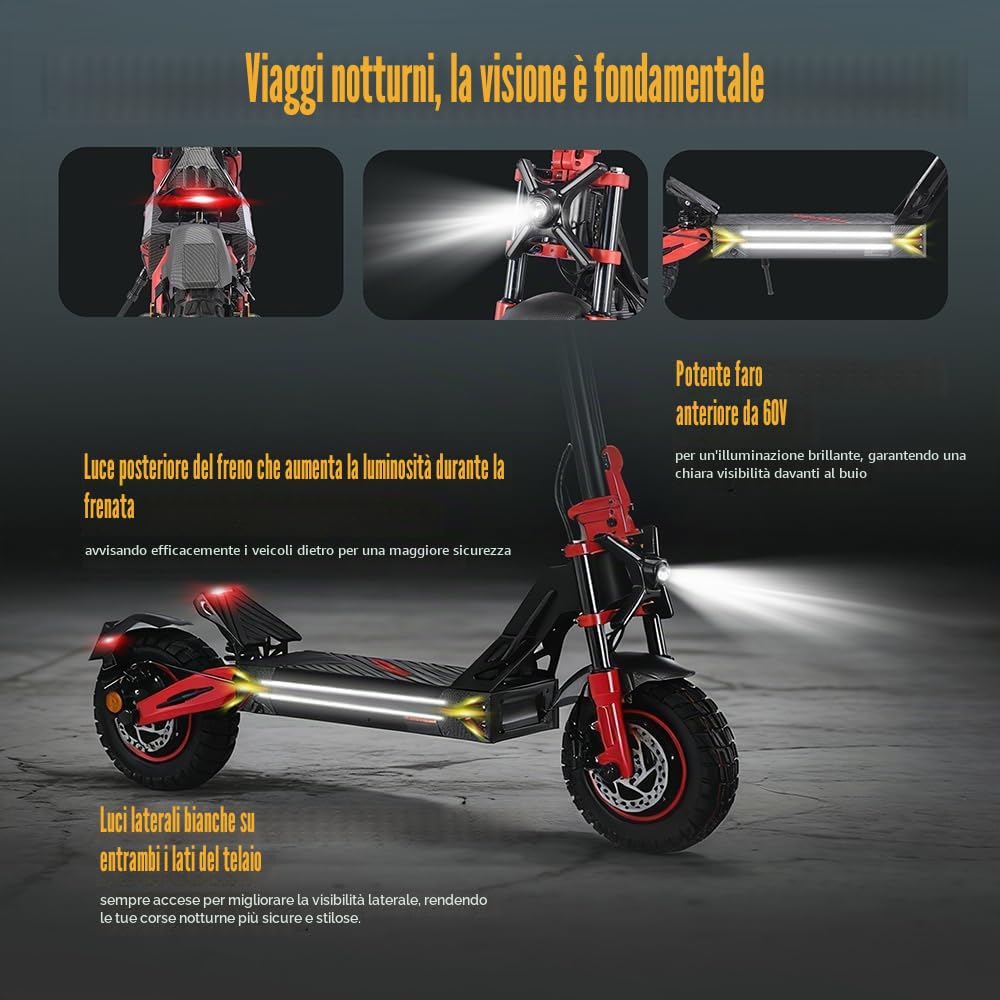Monopattino Elettrico Adulto Pieghevole, 45-60Km di Autonomia, Scooter Elettrico con Batteria 60V 23Ah, Pneumatici Tubeless 11", Doppia Sospensione, Doppio Freno a Disco, Portata 120 kg