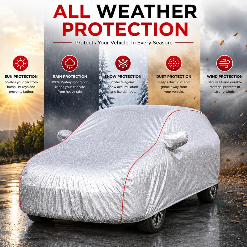 Image of Premium Car Cover for Citroen C3 Model | Waterproof, UV & Dust Protection | Mirror & Antenna Pocket | Triple Stitched, Soft Inner Lining, Belt & Buckle (Metalic Silver)