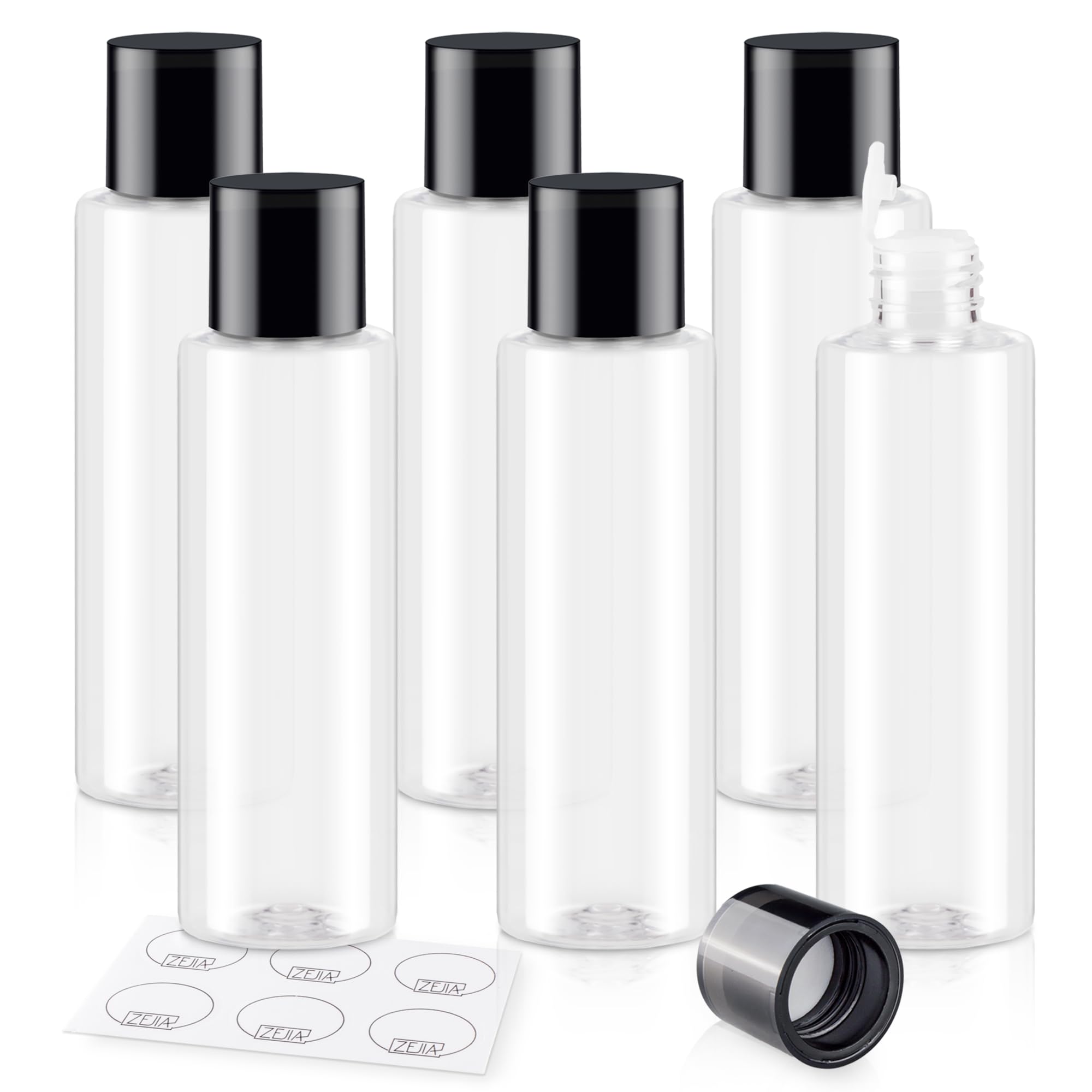 ZEJIA Clear 150ML/5OZ Travel Size Toiletries, 6 Pack Plastic Travel Bottles, Double Leak Proof Travel Size Containers for Shampoo, Lotion, Body Wash,