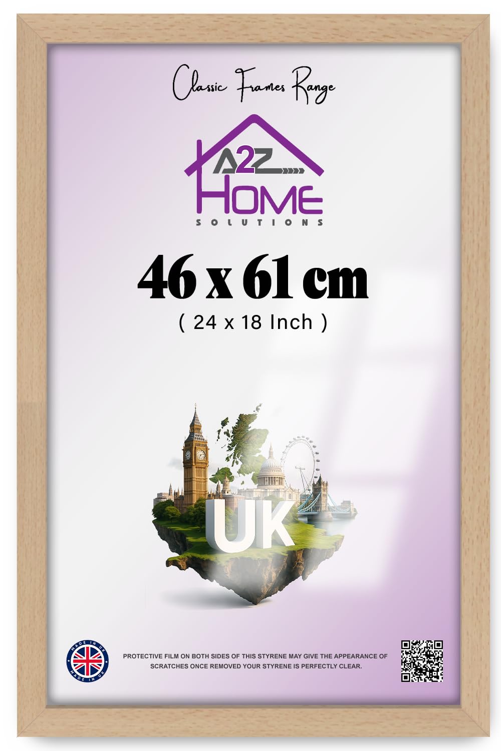 A2Z MDF Eton Wood Picture Poster Frame 46x61cm | Polished Styrene Front | Portrait & Landscape Display | Wall Hanging Hardware Included | Ideal for Photos, Canvas, Paintings, Art Gallery – Beech