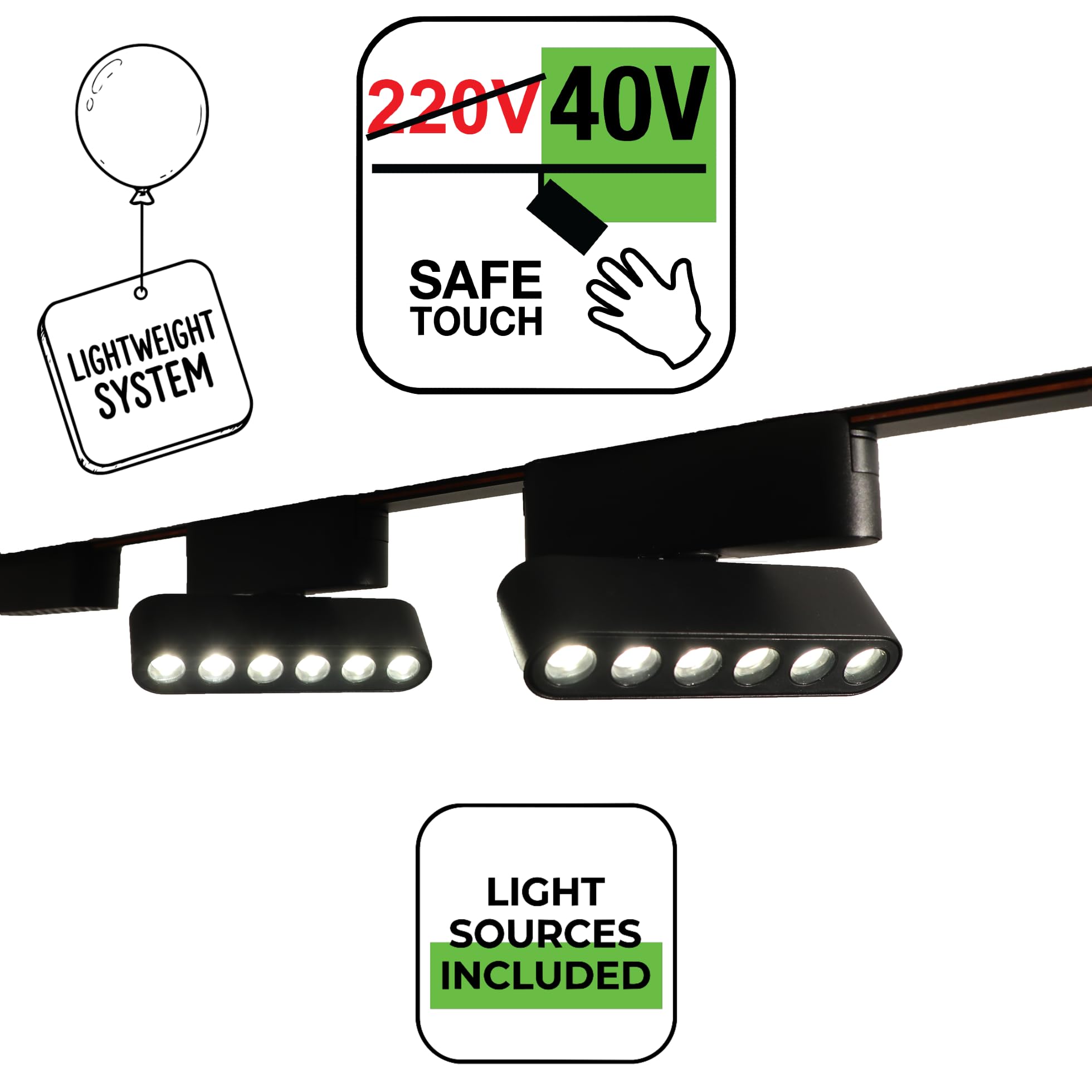 Kit d'éclairage sur rail 40V, Série Essential : 2m, 100W, 2 spots de 6W / 3000K, noir