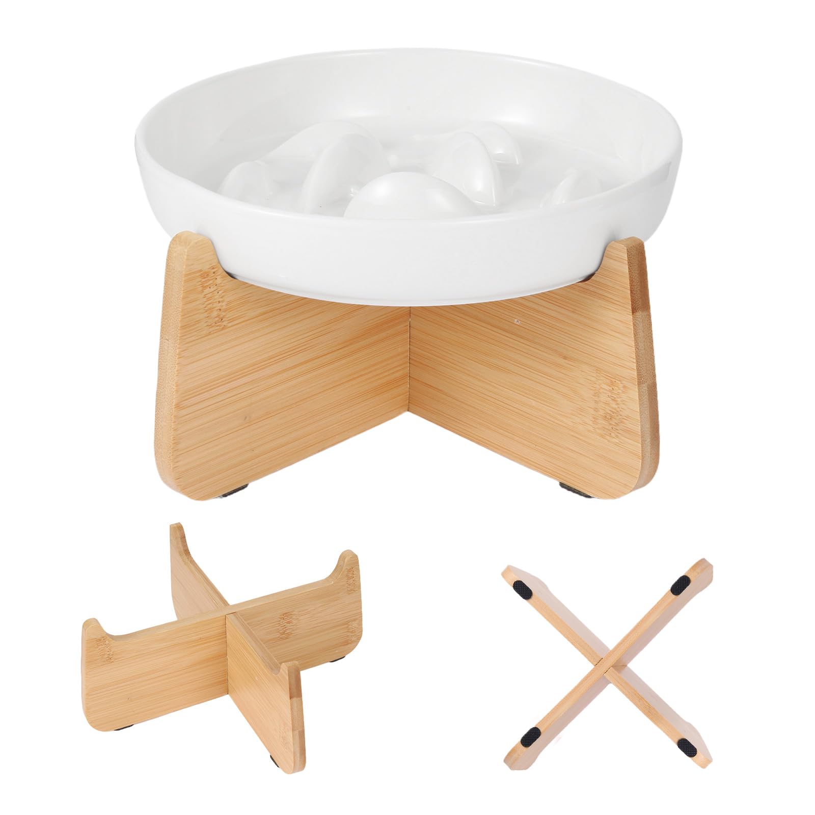 Elevated Ceramic Slow Feeder Cat Bowl with Fish Pool Design, High-Edged Anti-Vomiting Puzzle Feeder for Dry and Wet Food, Promoting Healthy Diet (White)