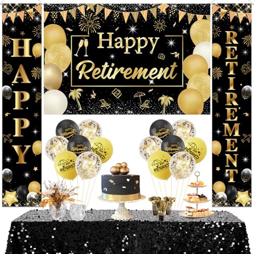 Sursurprise Retirement Party Decorations Black Gold, Happy Retirement Door Banner Backdrop, Retired Balloons for Women Men