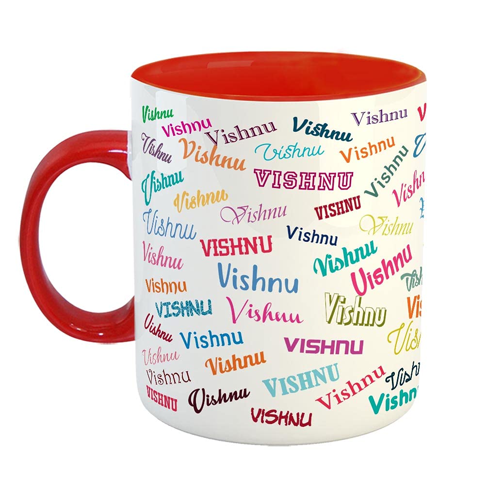 FurnishFantasy Personalised Happy Birthday Ceramic Coffee Mug - Best Birthday Gift for Son, Daughter, Brother, Sister, Gift for Kids, Return Gift - Color - Red, Name - Vishnu