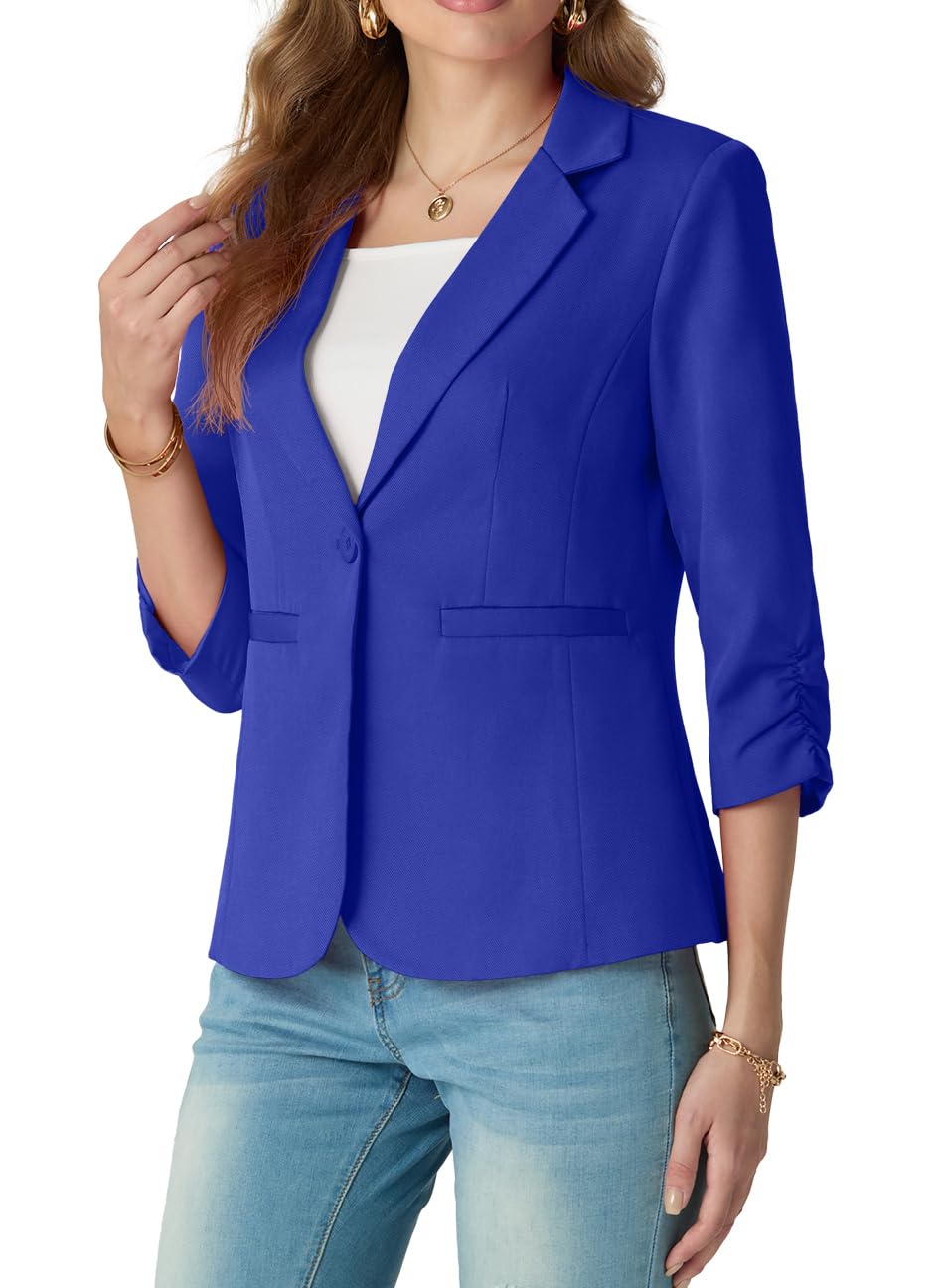 GRECERELLE Blazer da donna con maniche a 3/4 increspate, giacche formali da donna, casual, elegante, da lavoro, ufficio, per matrimoni, funerali con bottoni, tasche, per donne dalla 40 alla 52