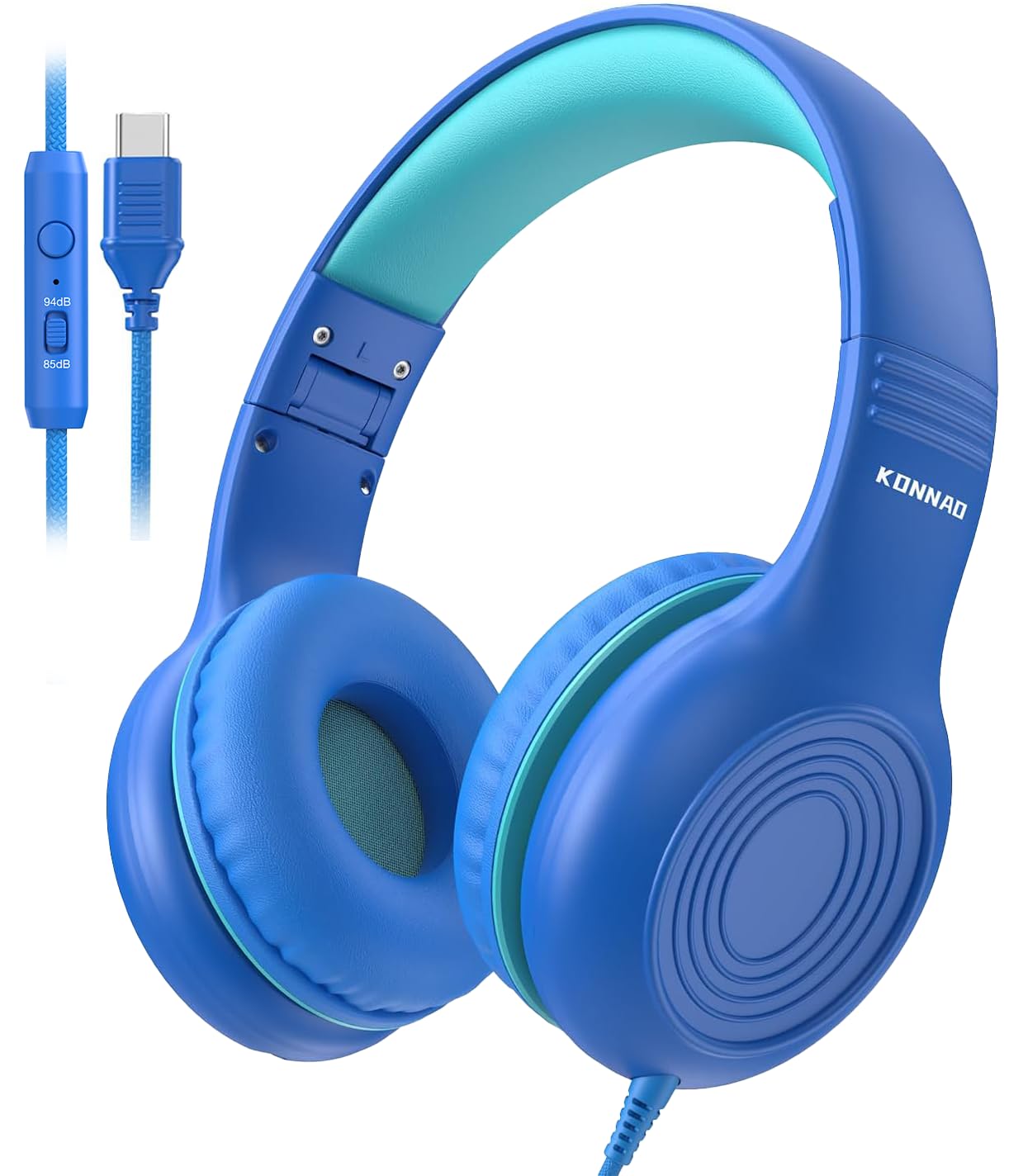 KONNAO Upgrade USB Type C Kids Headphones, Wired Headphones for Kids with Microphone for Boys Girls, Adjustable 85dB/94dB Volume Limited (Navy/Blue)