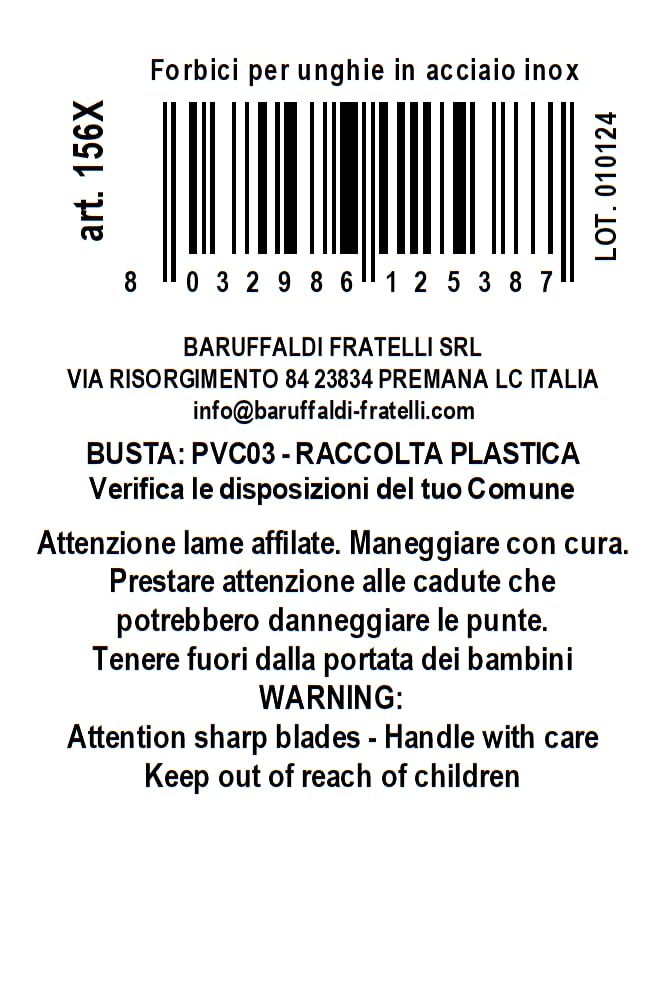 Baruffaldi 156X - Forbici Unghie Manicure e Pedicure - Acciaio Inox - Con custodia protettiva - Made in Italy
