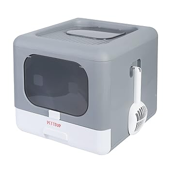 Pettsup Cute Cat Litter Box (Cube Robot), with Front and Top Entry Door, Enclosed Kitty Litter Box with Lid, Modern Litter Box Furniture for Indoor Cats (Grey)