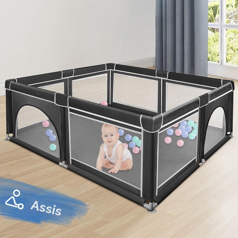 Parc Bébé Modulable,180cm*150cm*66cm Parc Bébé Pliable, Tissu Oxford/Avec sac de rangement/Sûr et confortable, Activités parent-enfant(Gris foncé/Noir) (Noir)