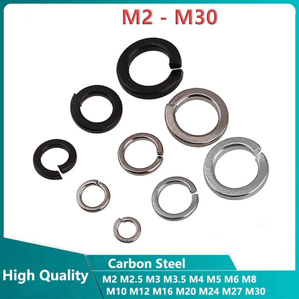 Carbon Steel Spring Washers Lock Washers M2 M2.5 M3 M4 M5 M6 M8 M10 M12 M16 M20 M24 M27 M30 (M5,QTY50Pcs,Black)