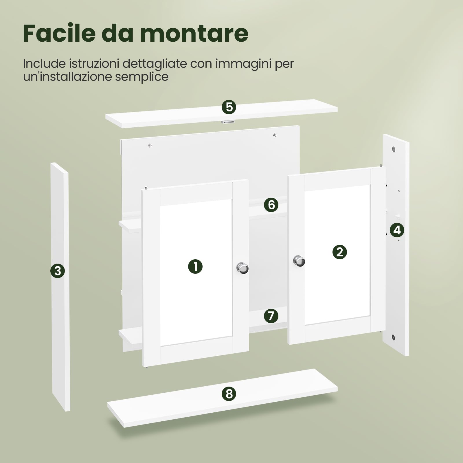 EUGAD Mobiletto Pensile da Bagno con Specchio Salvaspazio Armadietto da Lavabo con Due Porte 56 * 13.5 * 58.5cm Bianco