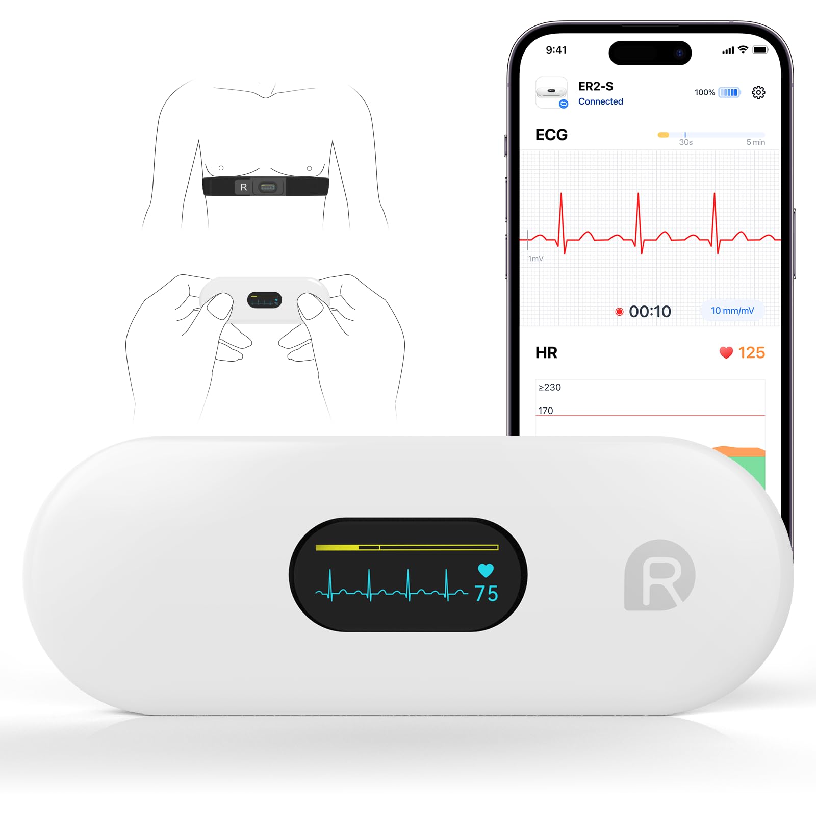 Checkme ECG/EKG Monitor with Chest Strap - AI Analysis in App, 30s to 15 min Heart Recording, Cardio Mobile Device with Display - Portable Bluetooth Heart Monitor with Rechargeable Battery, ER2-S