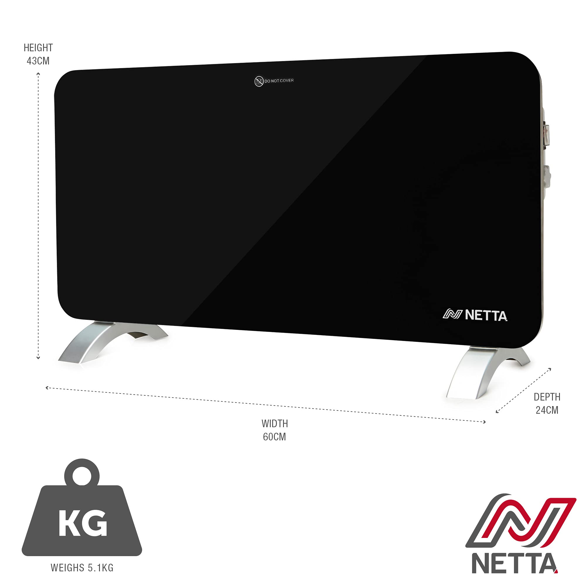 NETTA Electric Panel Heater, Slimline Glass Heater, Wall Mounted Electric Heater Or Free