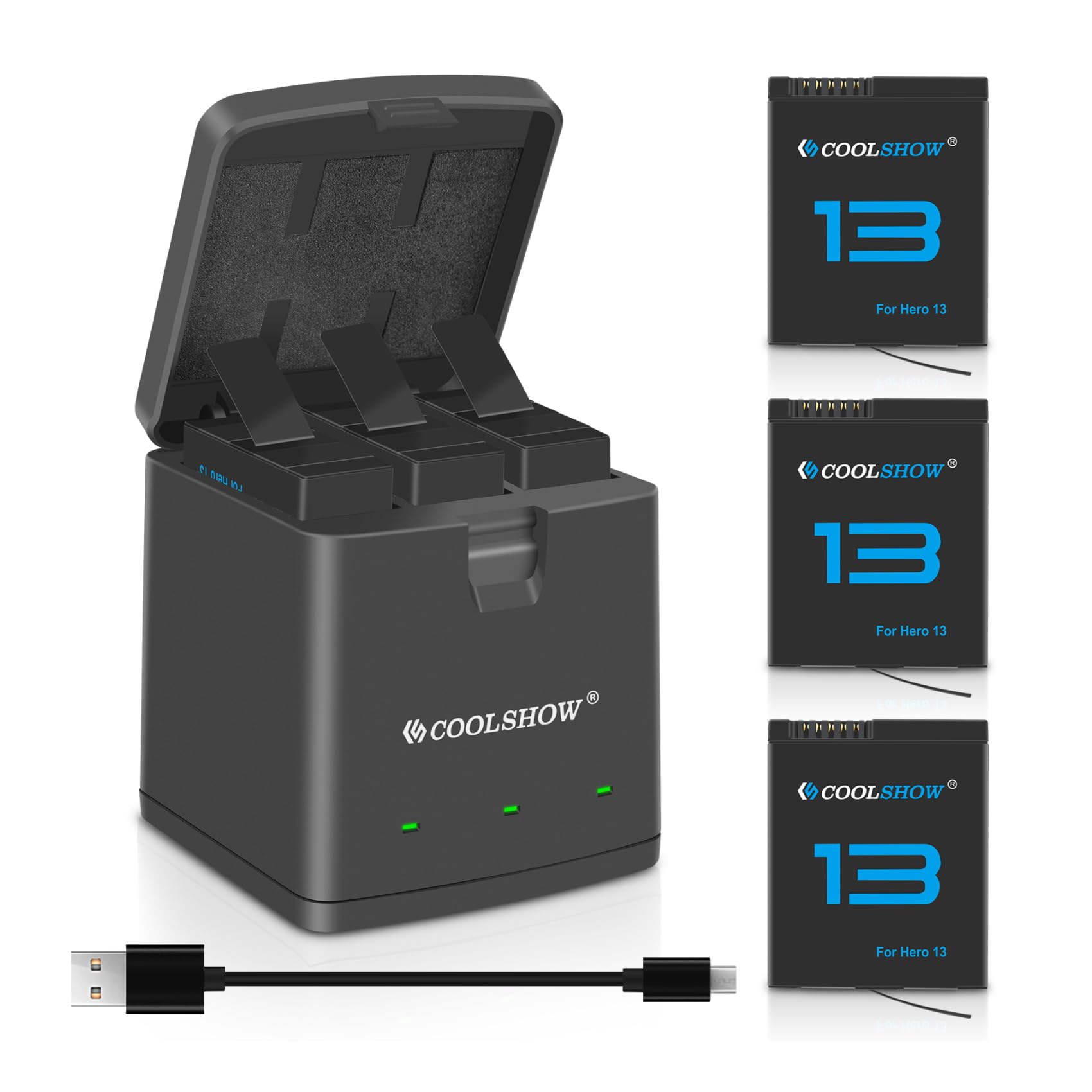 CS COOLSHOW Hero 13 Battery 3 Packs 2100mAh and Charger Bundle Compact Design Compatible with Hero 13 Black