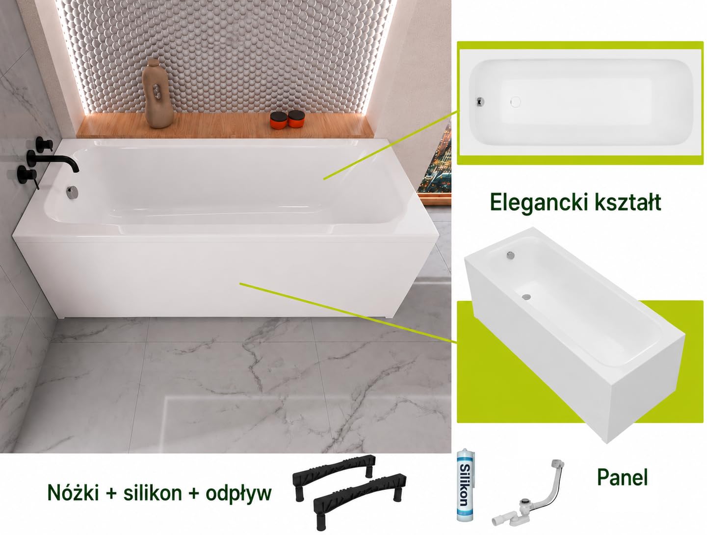 Wanna ECOLAM Pola 140x70 cm + obudowa | Nowoczesna wanna prostokątna, najwyższej jakości wanna akrylowa | Kompletny zestaw z odpływem, nóżki silikonowe | Design