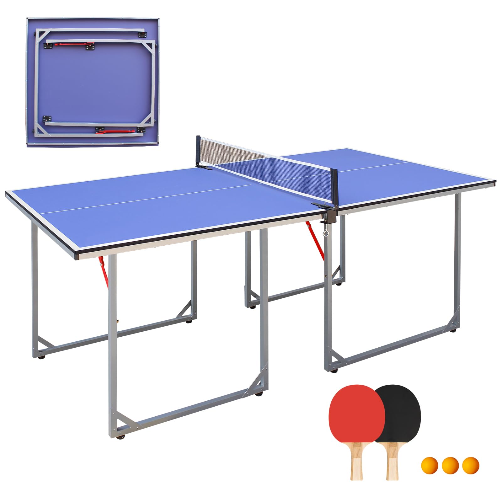 Mesa de ping pong plegable, 182 cm x 91 cm, mesa de ping pong multifuncional, incluye red, 2 raquetas de ping pong y 3 pelotas
