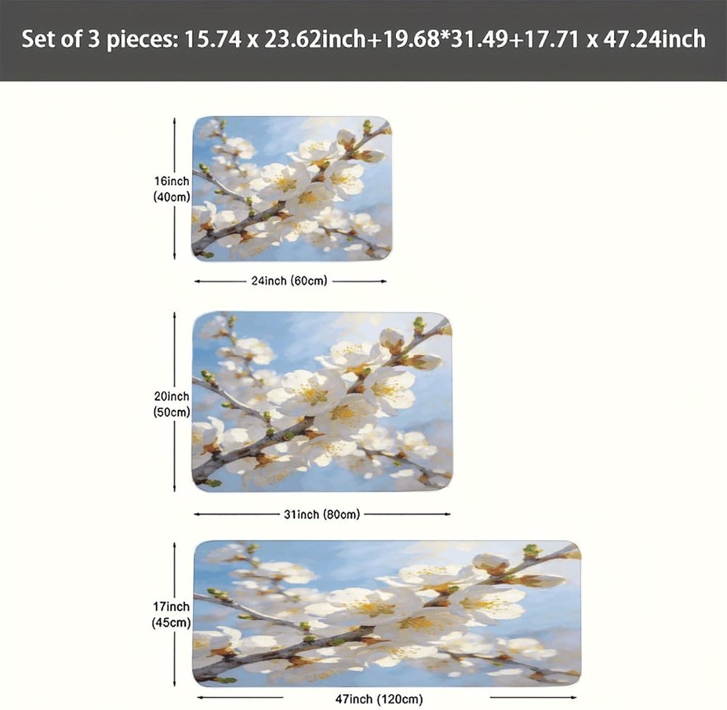Branches with Almond Blossom Kitchen Rugs Sets of 3 Non Slip Kitchen Mat for Floor Comfort Standing Rug and Mats Thick Cushioned Long Area Carpets for Laundry Room Entryway