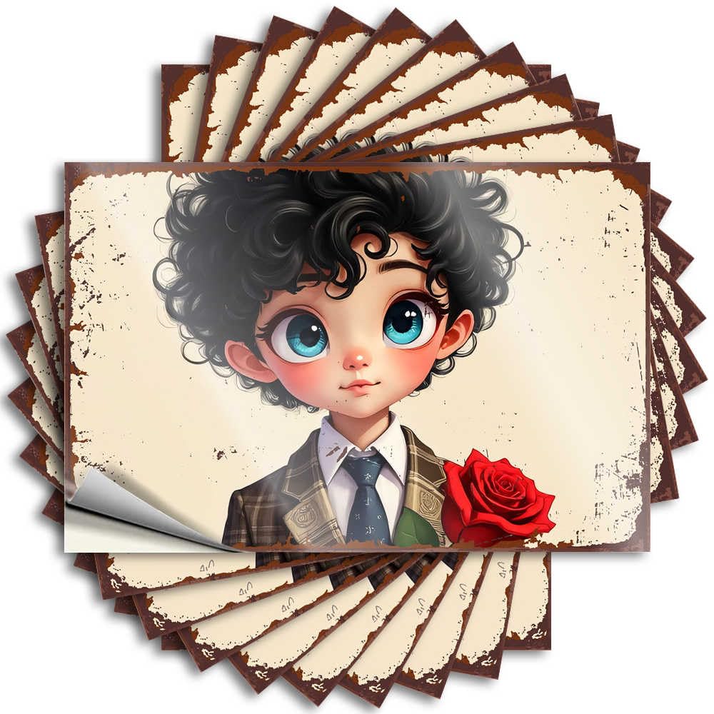 Funky Room Decor Tumbler Stickers | Curly-haired Boy with Blue Eyes Holding A Red Rose Unique for Dart Decor(8X12CM)