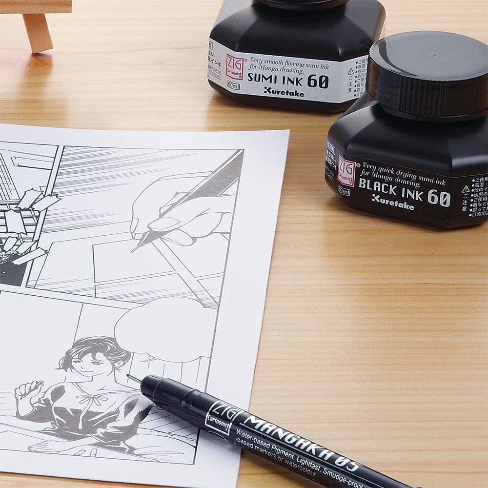 ZIG Cartoonist Sumi Ink 60ml - Smooth Ink for Illustration, Lettering, Drawing, Outlining on Bright & Dark Papers - Perfect for Beginners & Professionals. AP- Certifird Japan 3