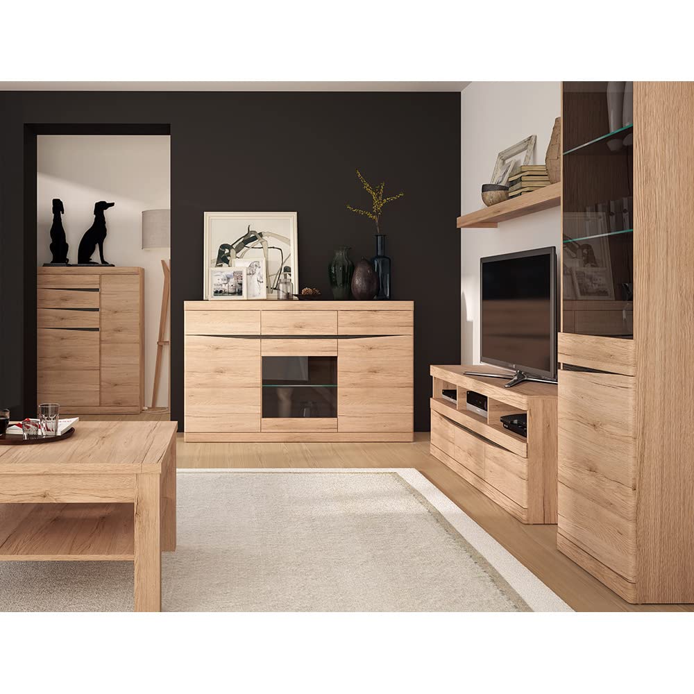 Lomadox Wohnzimmer Set mit Wohnwand Schrankwand Media Wand TV Lowboard Vitrine Wandboard Couchtisch 75x75 cm Sideboard Highboard in Eiche Nb.