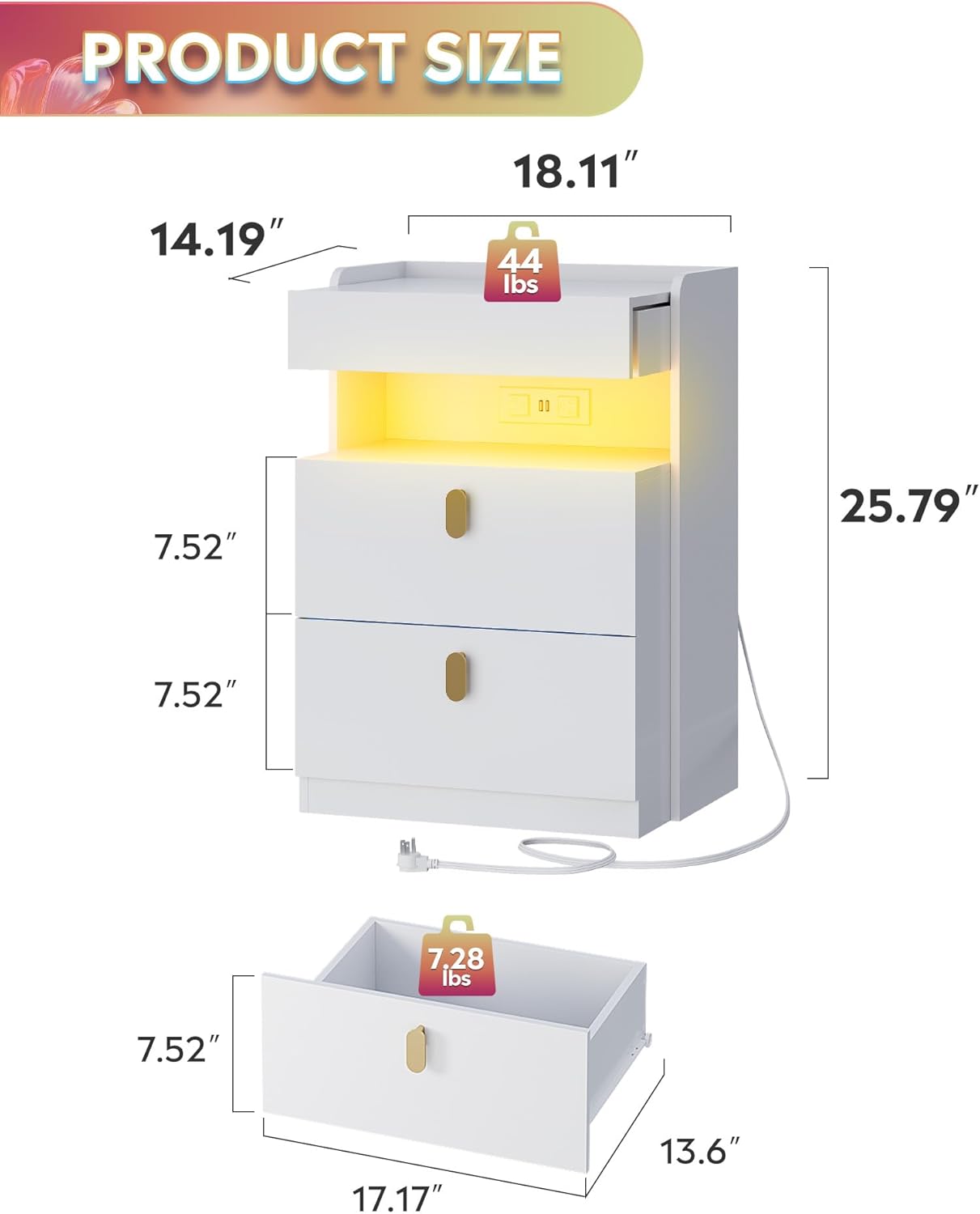 White LED Nighstand with Charging Stat, Night Stands Sets with