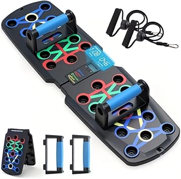 Push Up Board + Non Slip Handle + Resistance Bands, with Automatic Count & Timer, Foldable Portable Professional Workout Equipment Pushup Bar Resistance Chest Exercise Strength Function Gym Home Floor Men & Women