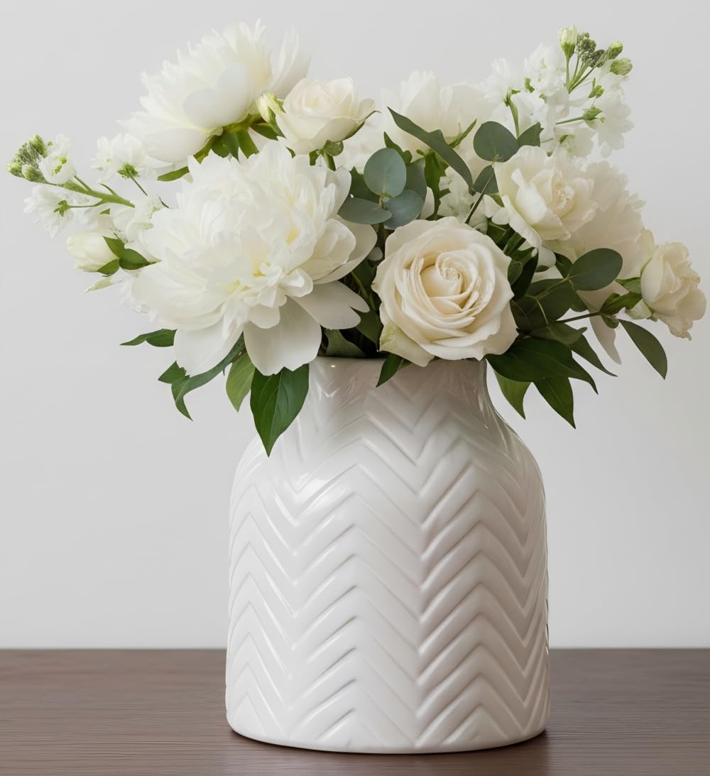 White Vase for Flowers Ceramic Vase for Decor, Modern Decorative Vase, Vases for Your Kitchen/Office/Living Room/Bookshelf/Mantel - White Texture(Small)
