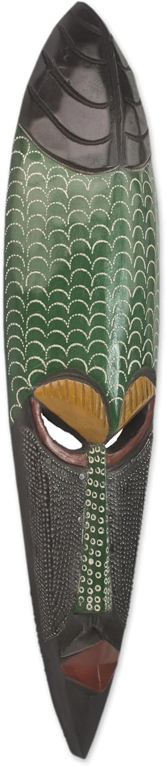 NOVICA Artisan Handcrafted African Wood Mask in Green Black from Ghana Masks Ghanaian [20in H x 4.7in W x 2in D] ' Greatness'