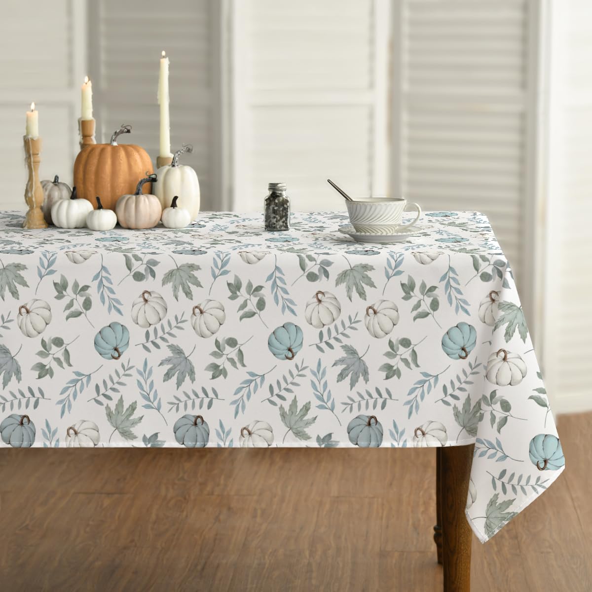 Horaldaily Fall Tablecloth 60x84 Inch Rectangular, Thanksgiving Autumn Harvest Blue Pumpkins and Leaves Table Cover for Party Picnic Dinner Decor