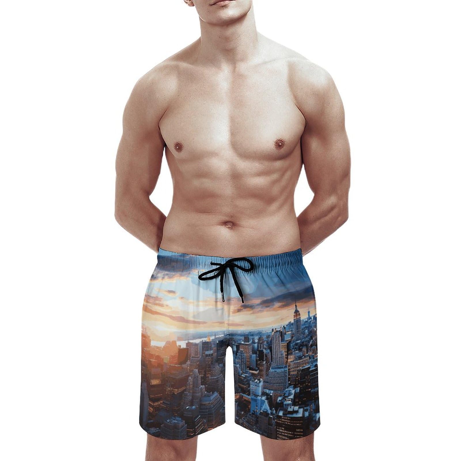 Men's New York City Skyline Swim Trunks, Quick-Dry Beach Shorts, Bathing Suit with Mesh Lining and Pocket S White