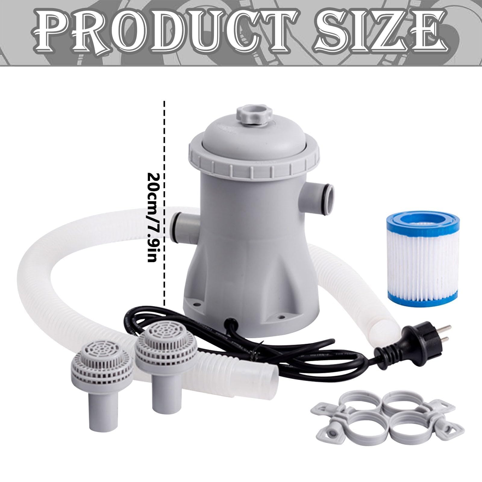 Pompe pour Piscine, Filtre Hors Sol 330 Gph avec Filtre à Cartouche Électrique, Système de Filtration Piscine avec Tuyaux,Filtres de Rechange et Circulation Silencieuse, Kit Complet de Pompe Gonflable