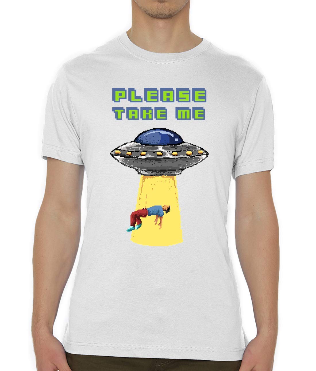 8 Bit Pixel Art Alien Abduction UFO Men's T-Shirt Medium White