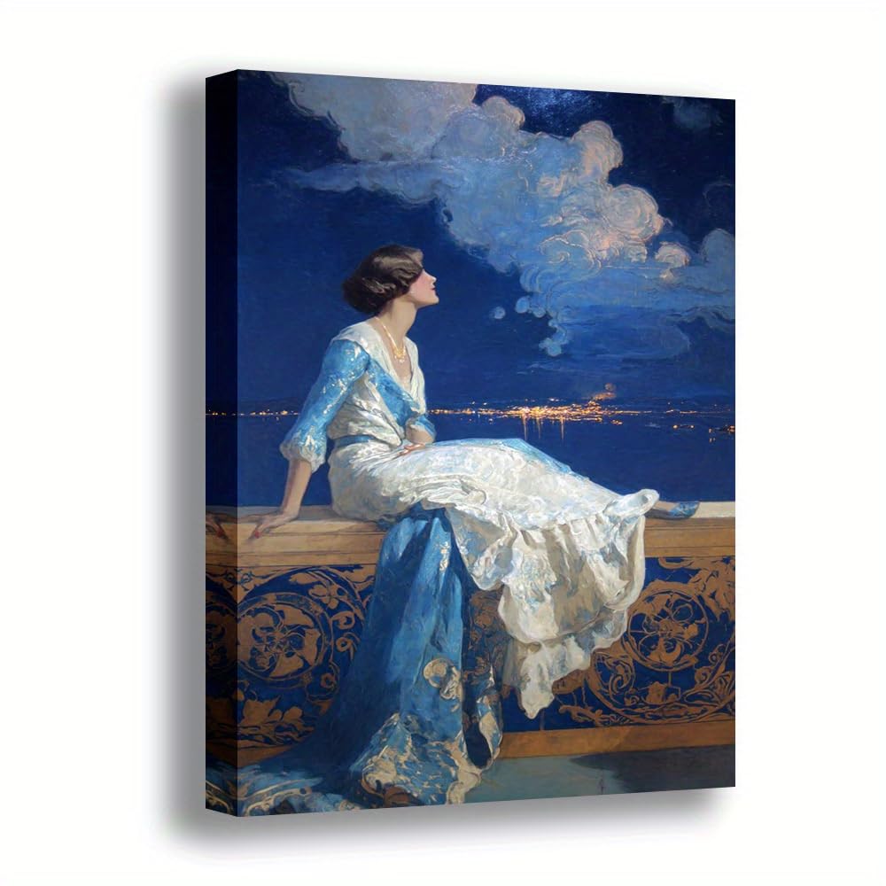awitufhgp Single Elegant Woman on a Balcony Surrounded by City Lights Canvas Wall Art - Modern Vintage Vertical Decor, for Living Room(50x70cm/20x28in(WxH)/No frame)
