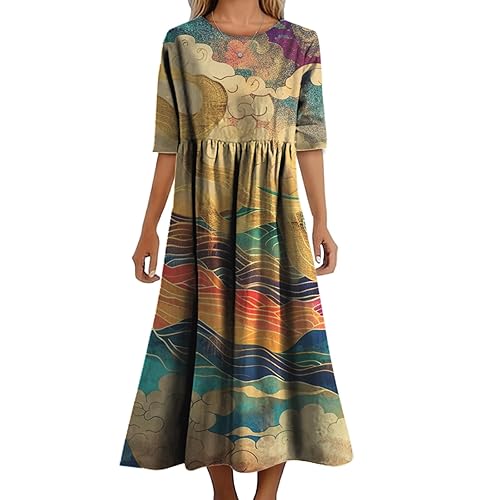 Womens Boho Maxi Dress Floral Printed Summer Elegant Crewneck Short