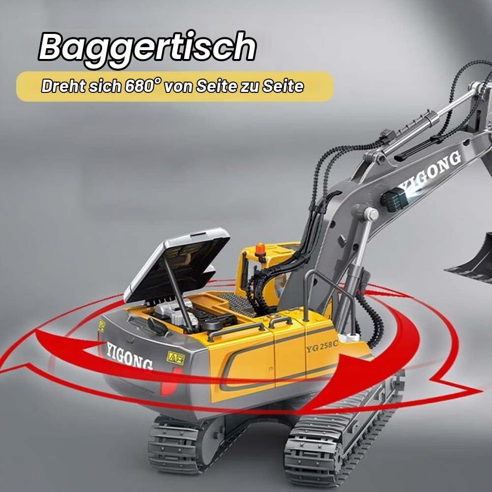 RC Bagger Spielzeug, 11 Kanal Ferngesteuerter Bagger für Jungen | 1:20 Ferngesteuerter Bagger mit Metallschaufel, 680° Drehung & Licht, Baustellen Sandkasten Baufahrzeug Geschenk für Jungen