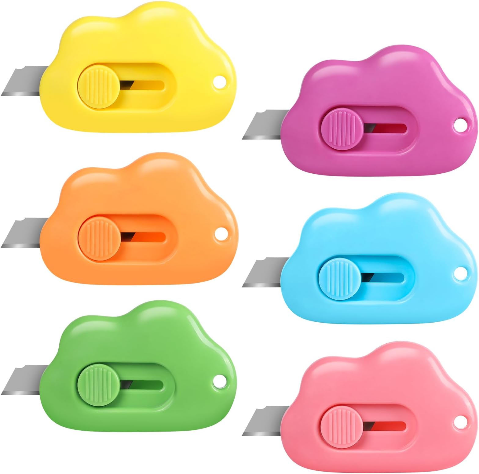 Cloud Box Cutter Retractable, 6Pcs Mini Utility Knife Letter Opener Envelope Slitter, Small Package Opener Paper Cutters with Keychain Hole for Office Home School Stationery DIY Crafts Rainbow Color
