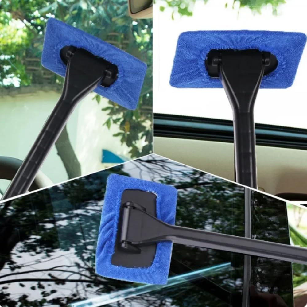 Windshield Cleaner Tool Car Window Cleaner with 6 Reusable and Washable Microfiber Pads and Extendable Handle Auto Inside Glass Wiper Kit (Blue)