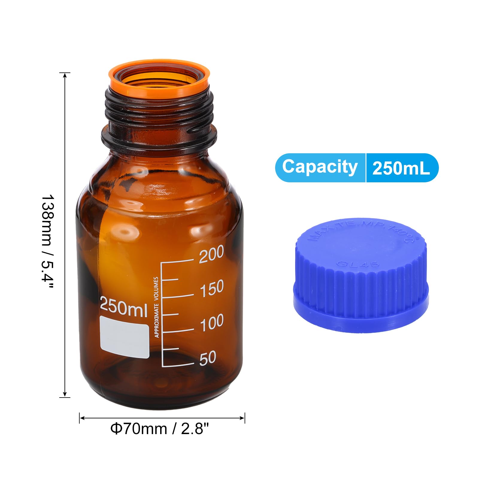 PATIKIL Bottiglie di Conservazione Media rotondo, 250ml Bottiglie rotondo in Vetro Spesso Graduato con Tappo a Vite Blu GL45 per Liquidi di Reagenti d'Acqua da Laboratorio, Marrone