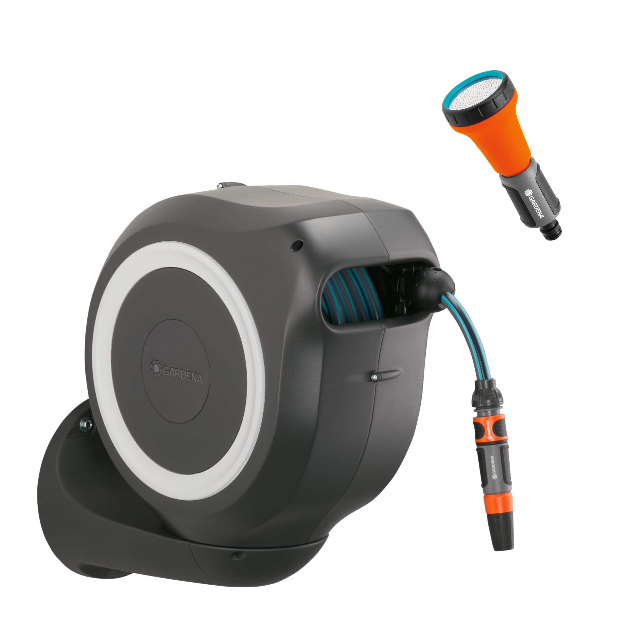 Gardena Wall-Mounted Hose Box RollUp M 20 m: Flexible watering for medium-sized gardens, swivel hose reel, with wall bracket, system parts and nozzle, including 20 m Gardena hose (18612-60)
