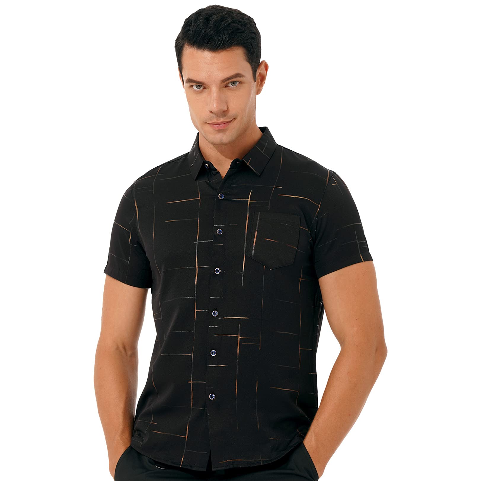 renvena Mens Casual Slim Fit Short Sleeve Dress Shirt Prom Wedding Party Button Down Shirts with Pocket