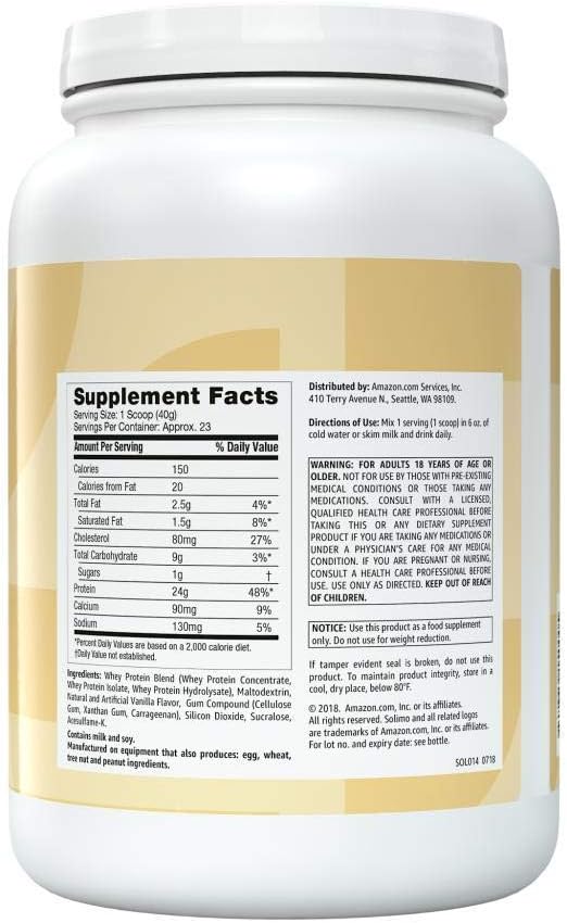 Amazon Brand - Solimo Whey Protein Powder, Vanilla, 23 Servings, 2 Pound (Pack of 1)