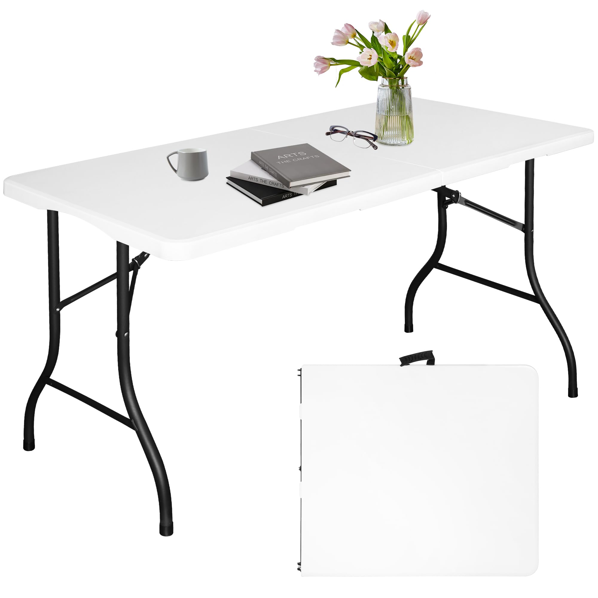 5FT Half Folding Tables, Heavy Duty Foldable Table, Portable Tables for Dining Parties Card Picnic Camping, Multi-Functional Fold up Table for Outdoor, Indoor Events