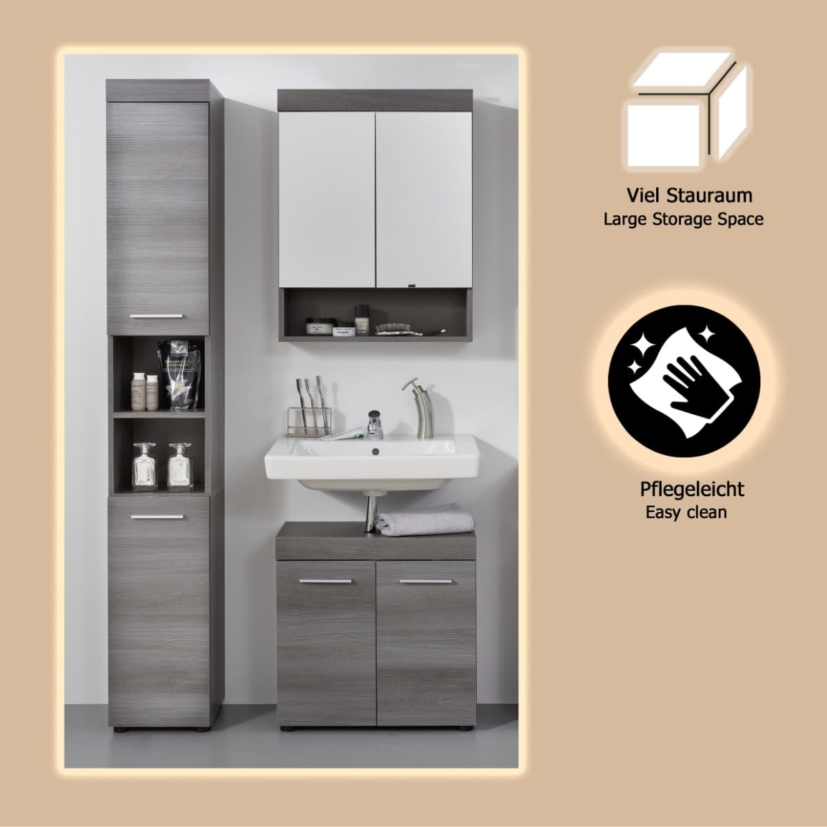 trendteam smart living - Runner - Badkombination - Grau - Hochschrank, Waschbeckenunterschrank, Spiegelschrank - (BxHxT) 103 x 190 x 31 cm - silberfarbener Griff