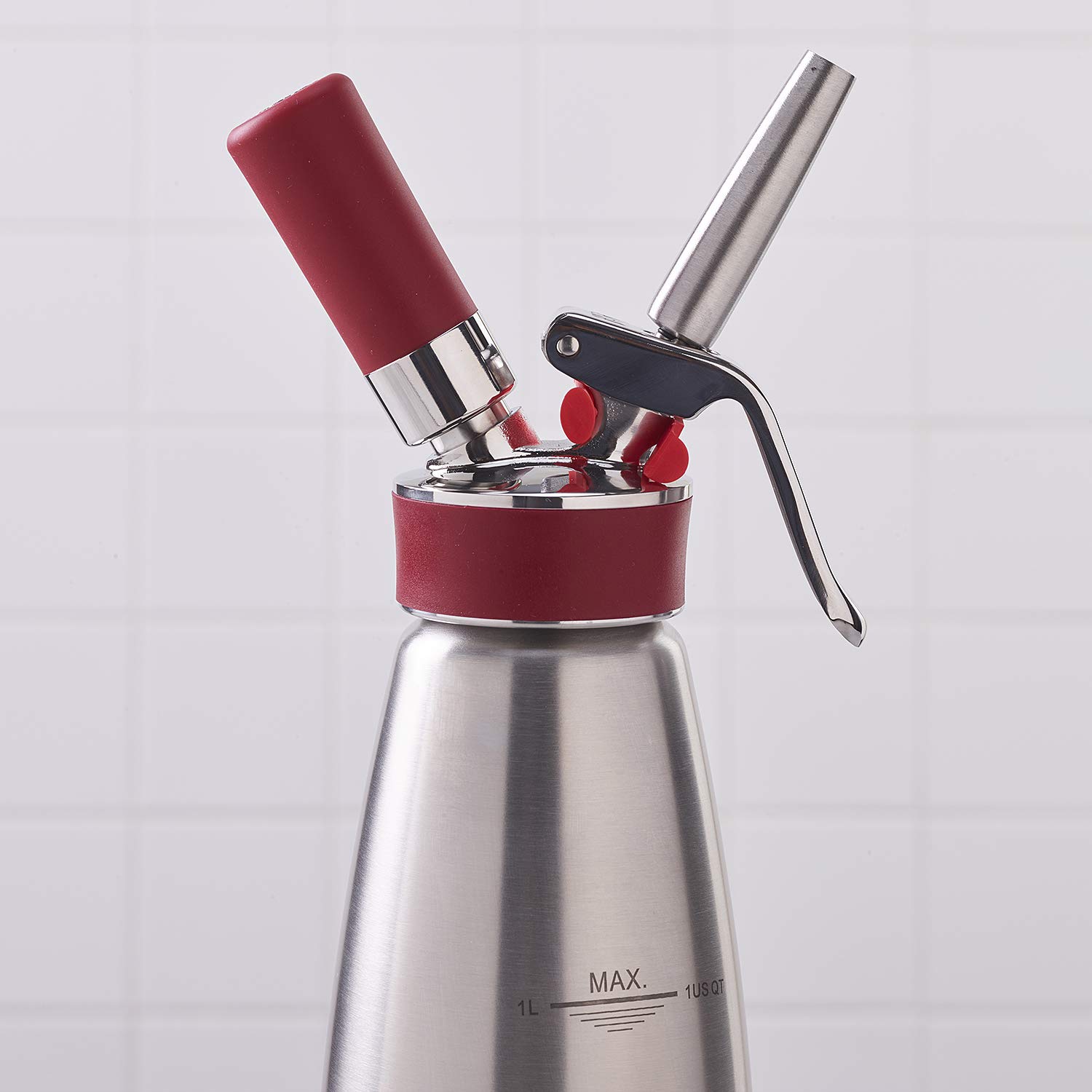 PADERNO 41458-10 Siphon de Cuisine Professionnel en Acier Inoxydable pour préparer des Desserts, Mousses, Crème fouettée, et Sauces, 3 Douilles Acier, Argent, 1l