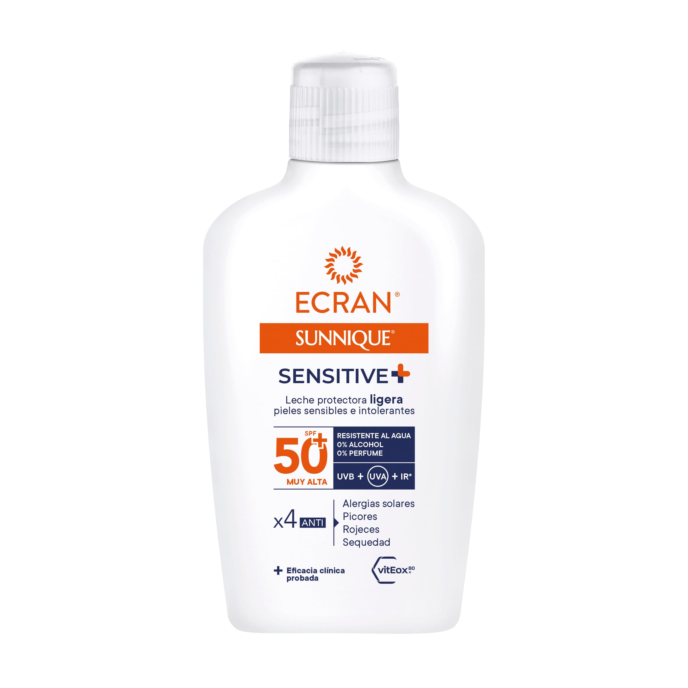 Ecran Sunnique Sensitive - Leche Protectora Ligera para Pieles Sensibles FPS 50+ | Fórmula con Pantenol, Resistente al Agua, sin Perfume ni Alcohol para Pieles Sensibles | 200ml