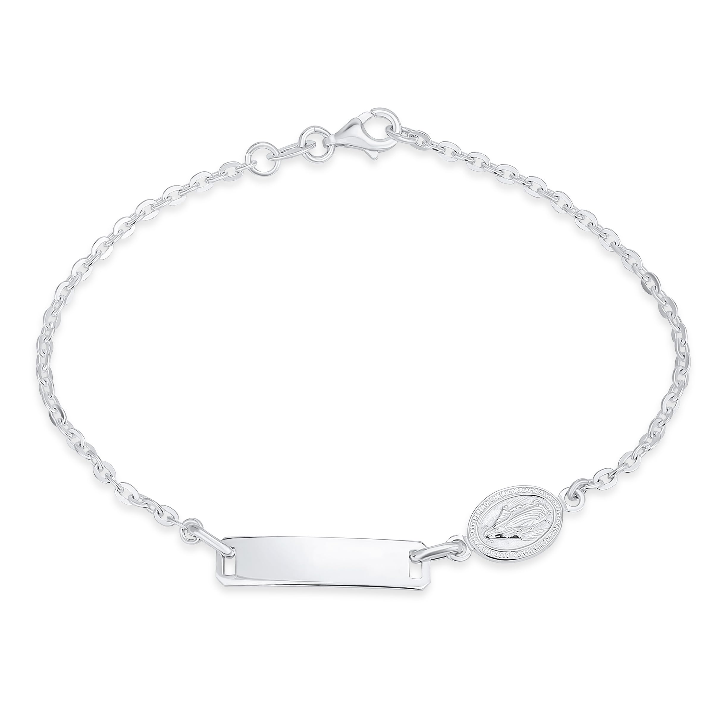 Thin Religious Virgin Mary ID Bracelet Curb Cuban Chain Link .925 Silver 7"