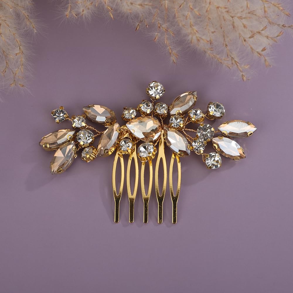 Teyglen Champagne Rhinestone Bridal Side Comb Crystal Bride Wedding Hair Comb Sparkly Hair Accessories Rhinestone Headpiece for Women Hair Piece (Champagne)