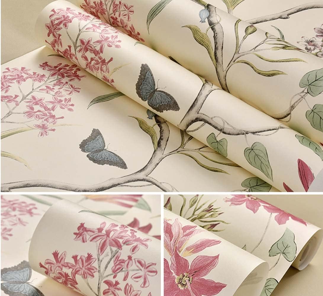 Q QIHANG Retro American Country Non-Woven Fresh 3D Pastoral Flower and Bird Bedroom Living Room TV Background Wallpaper Non-Pasted1.73'W x 32.8'L (Beige)